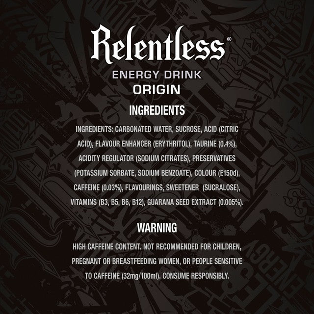Relentless Origin energy drink 4 x 500ml, imported from the UK