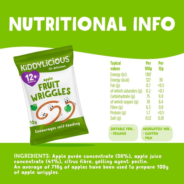 Kiddylicious Apple Wriggles baby snacks 4 x 12g, UK version