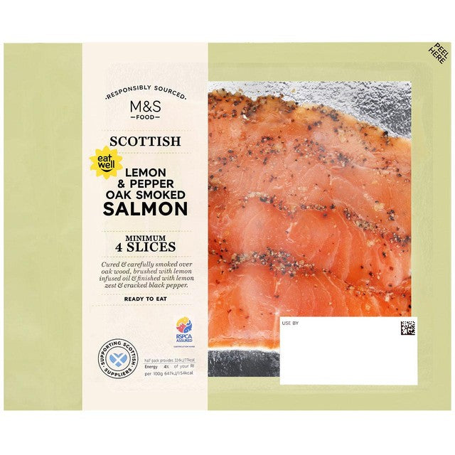 M&S lemon and pepper oak smoked salmon 100g, imported from the UK