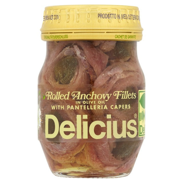 Delicius rolled anchovy fillets with capers in olive oil 90g - British product