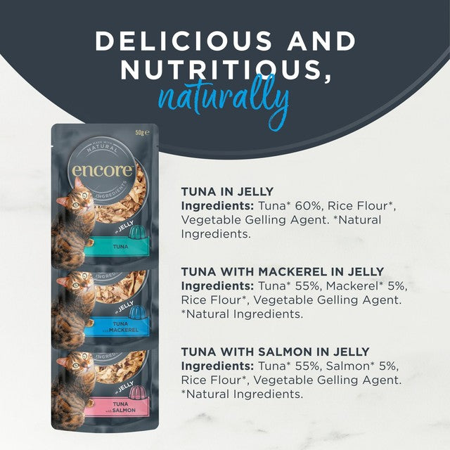 Encore fish selection cat food pouch in jelly 5 x 50g - British product