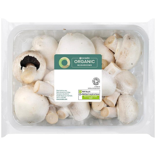 Ocado organic white closed cup mushrooms 250g, imported from the UK