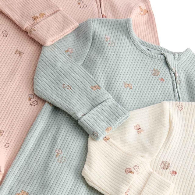 M&S baby sleepsuits woodland print ivory 0-3 months, imported from the UK