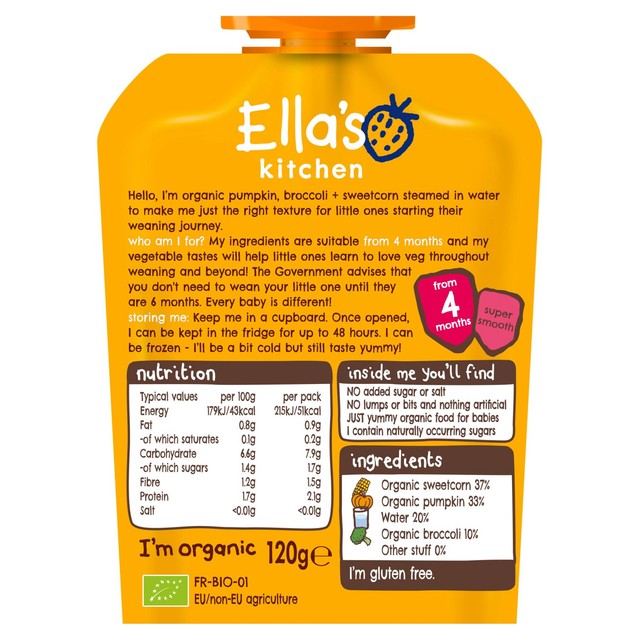 Ella's Kitchen pumpkin, broccoli & sweetcorn baby food pouch 120g - British product