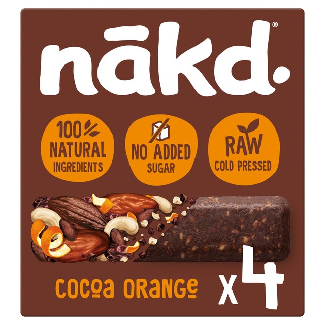 Nakd Cocoa Orange snack bars multipack 4 x 35g, imported from the UK