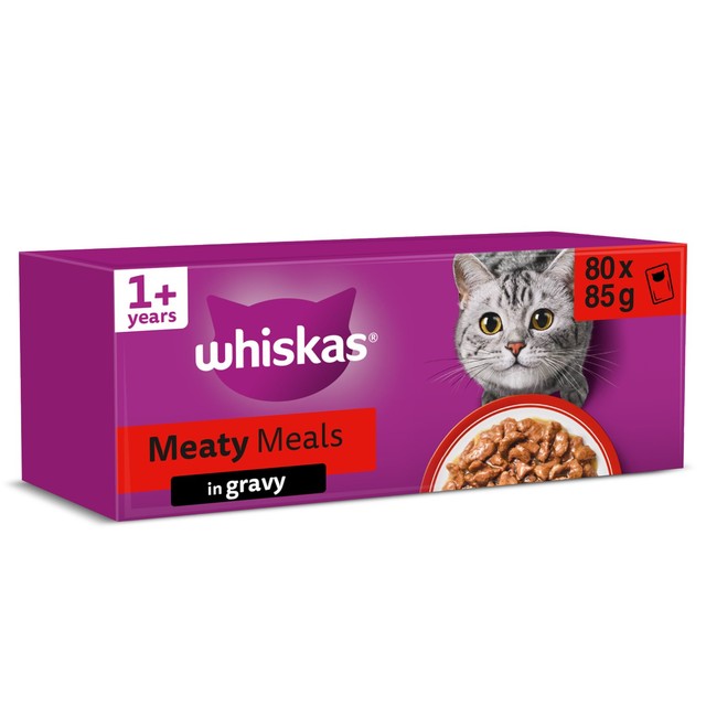 Whiskas wet cat food pouches meaty meals in gravy 80 x 85g (British brand)