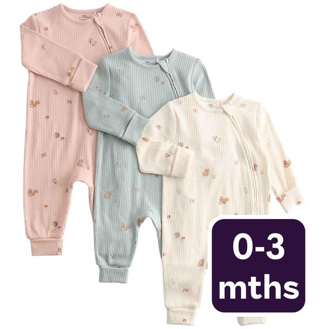 M&S baby sleepsuits woodland print ivory 0-3 months, imported from the UK