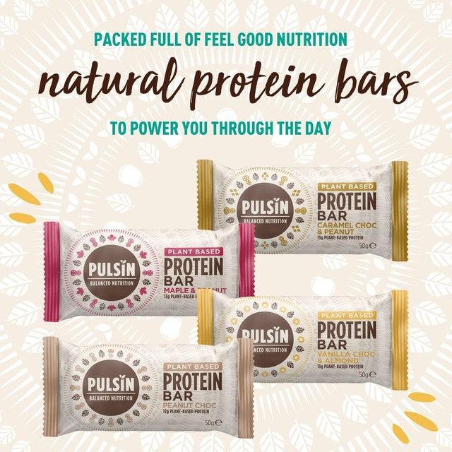 Pulsin caramel choc & peanut vegan protein bar 50g, imported from the UK