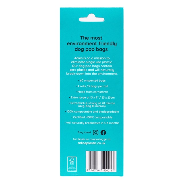 Adios Plastic compostable dog poo bags Pink 60 pack - British product