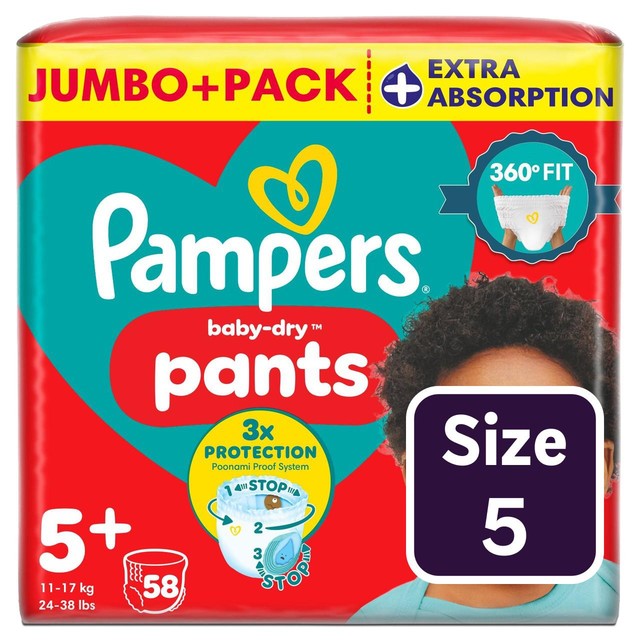 Pampers Baby-Dry extra absorption nappy pants size 5+, imported from the UK