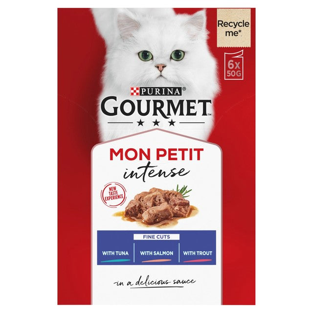 Gourmet Mon Petit fish flavour cat food 6x50g pouches, UK version
