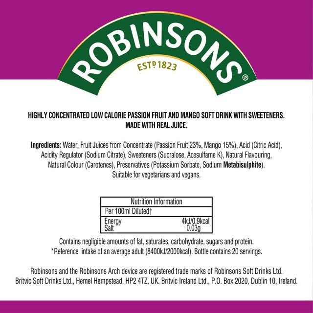 Robinsons passion fruit mango squash 66ml, imported from the UK