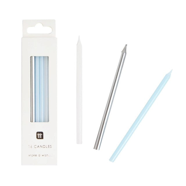Talking Tables blue, silver and white birthday candles 10cm (British brand)