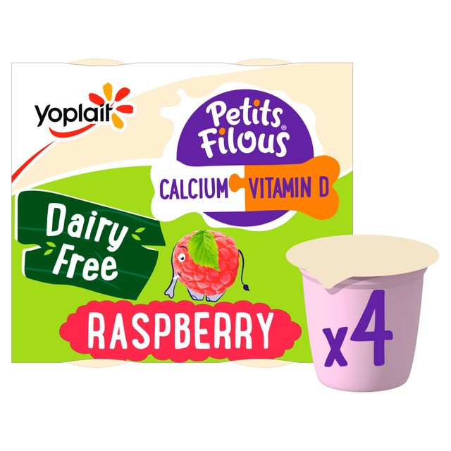 Petits Filous dairy-free raspberry yoghurt pots 4 x 95g, imported from the UK