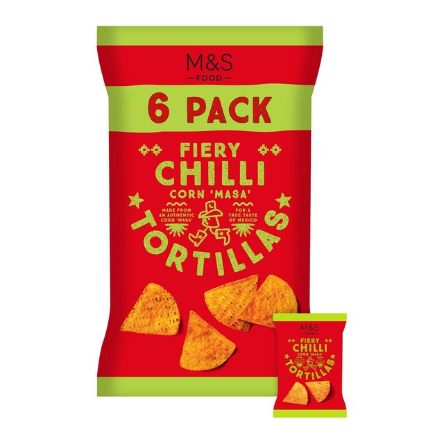 M&S fiery chilli tortilla chips multipack 6x30g, imported from the UK