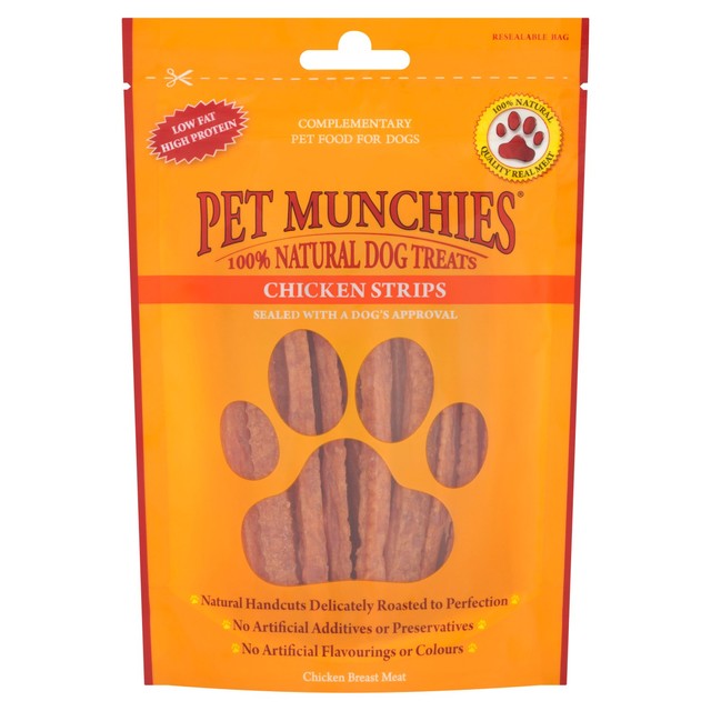 Pet Munchies chicken strips dog treats 90g, imported from the UK