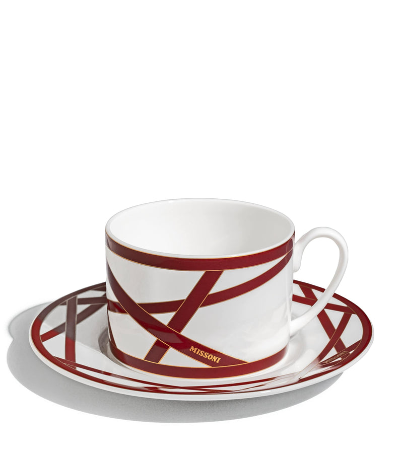 Missoni Home Set of 2 Bone China Nastri Bordeaux Teacups and Saucers