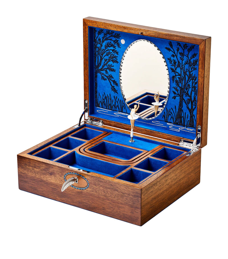 WOLF ballet musical jewellery box with Swan Lake music and embroidered theatre design (British brand)