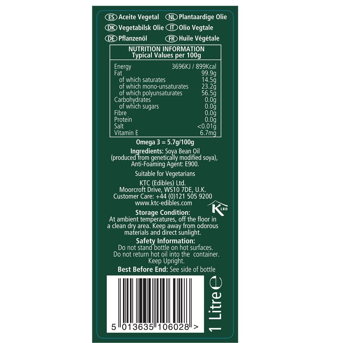 KTC vegetable oil 6 x 1L, UK version