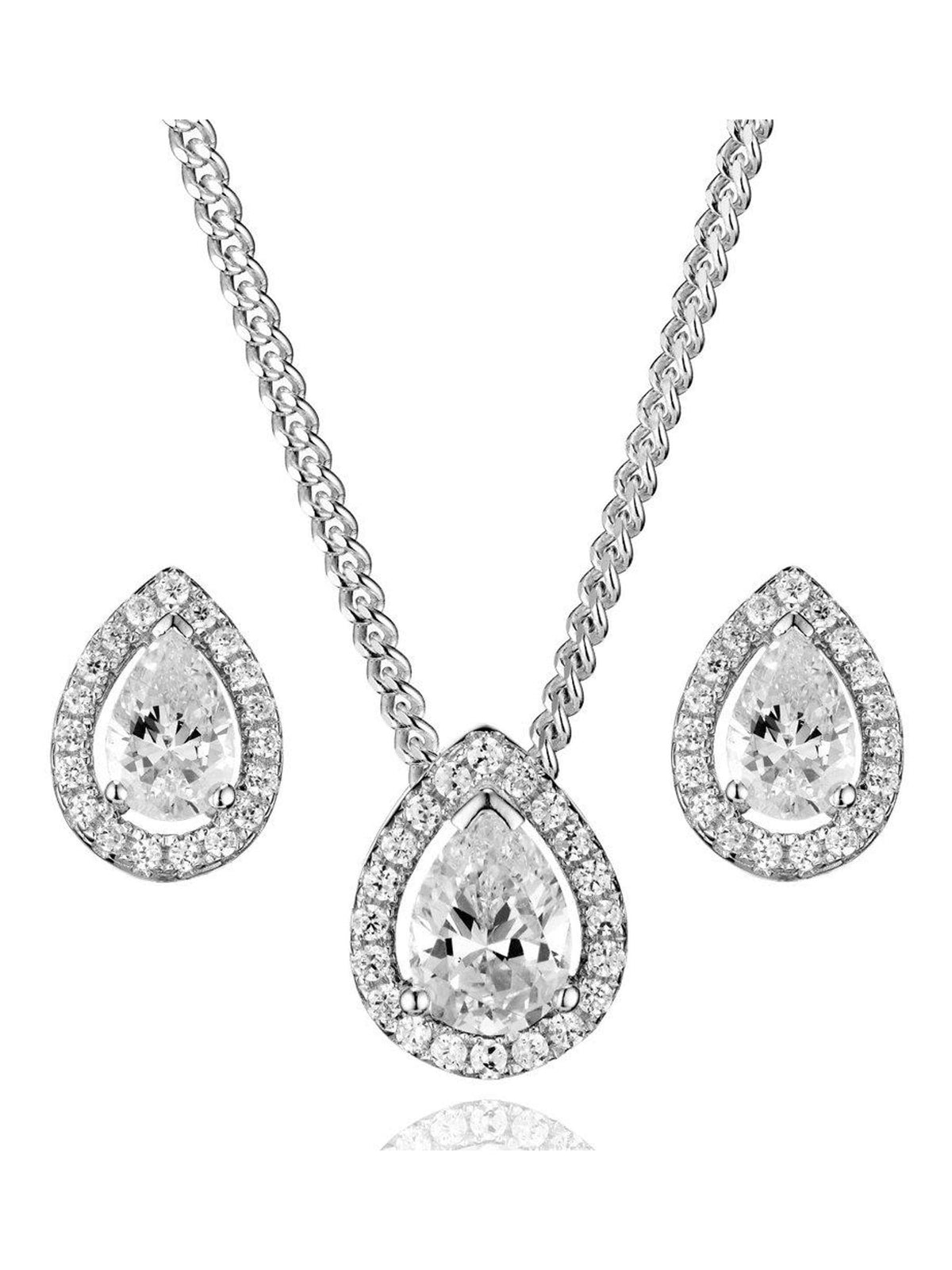 Beaverbrooks silver cubic zirconia pear-shaped pendant and earrings set - British product