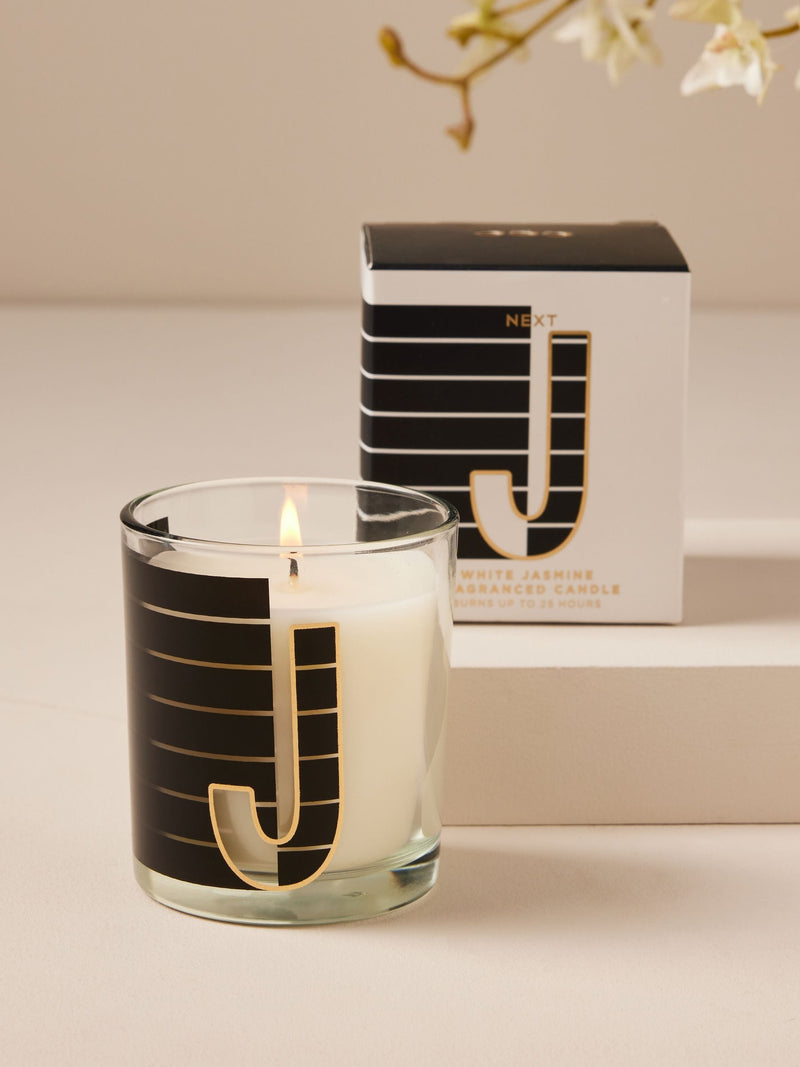 Alphabet white jasmine scented candle 8cm height, imported from the UK