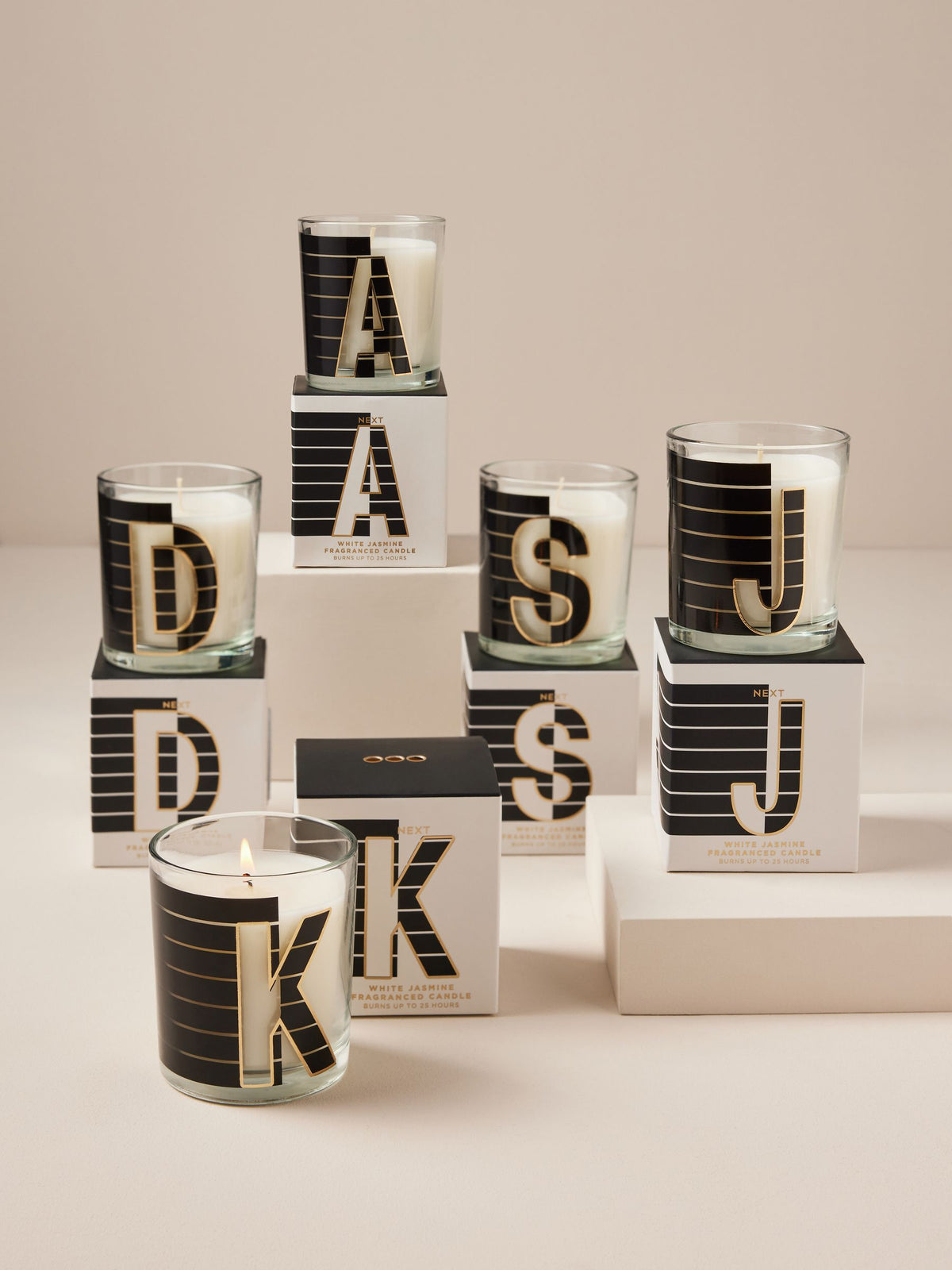 Alphabet white jasmine scented candle 8cm height, imported from the UK