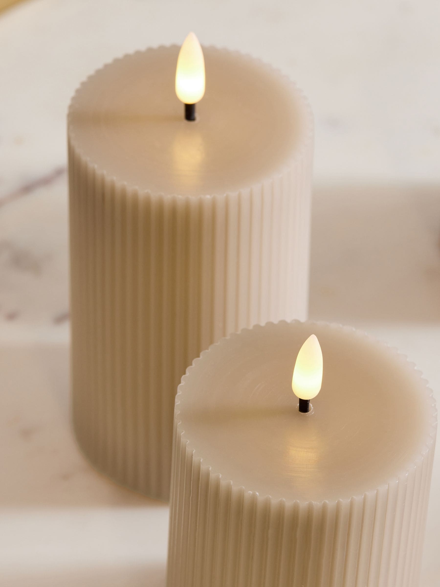 Set of 3 Taupe Brown Real Wax Ribbed LED Pillar Candles