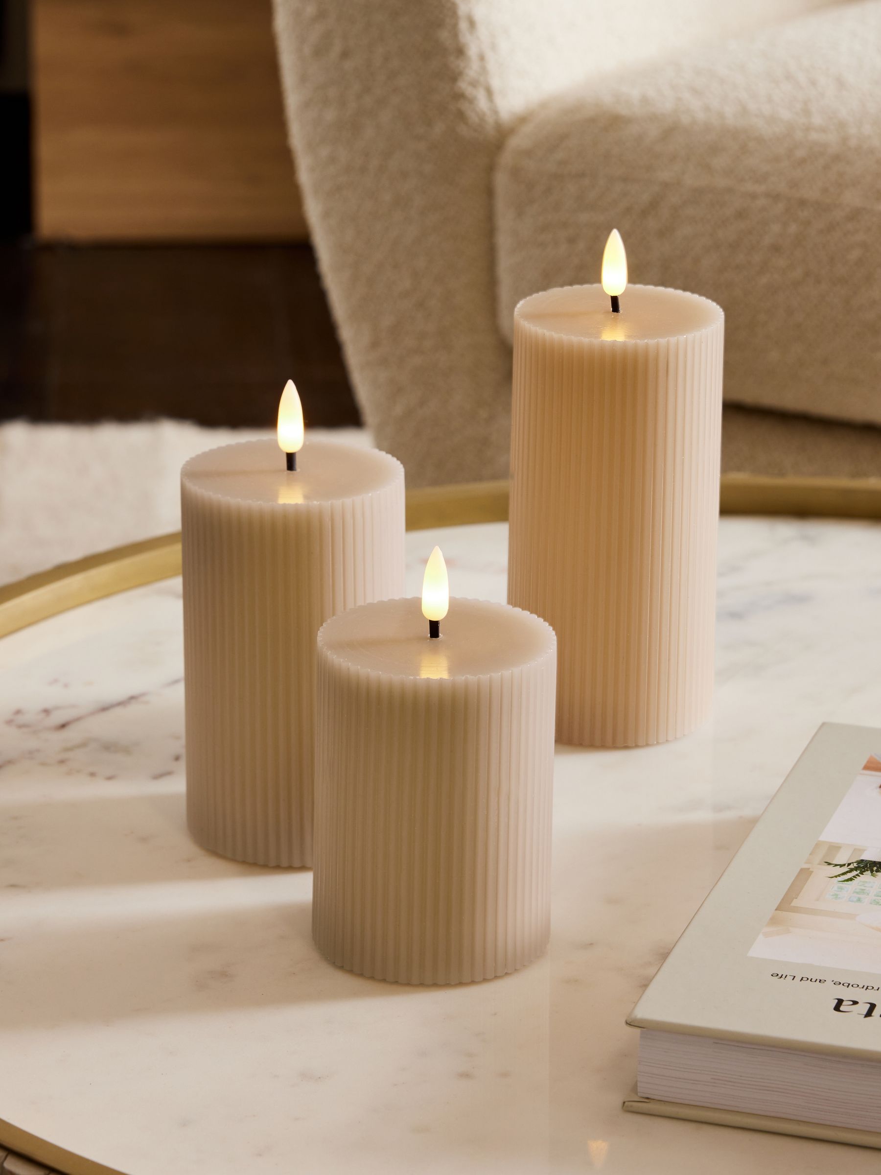 Set of 3 Taupe Brown Real Wax Ribbed LED Pillar Candles