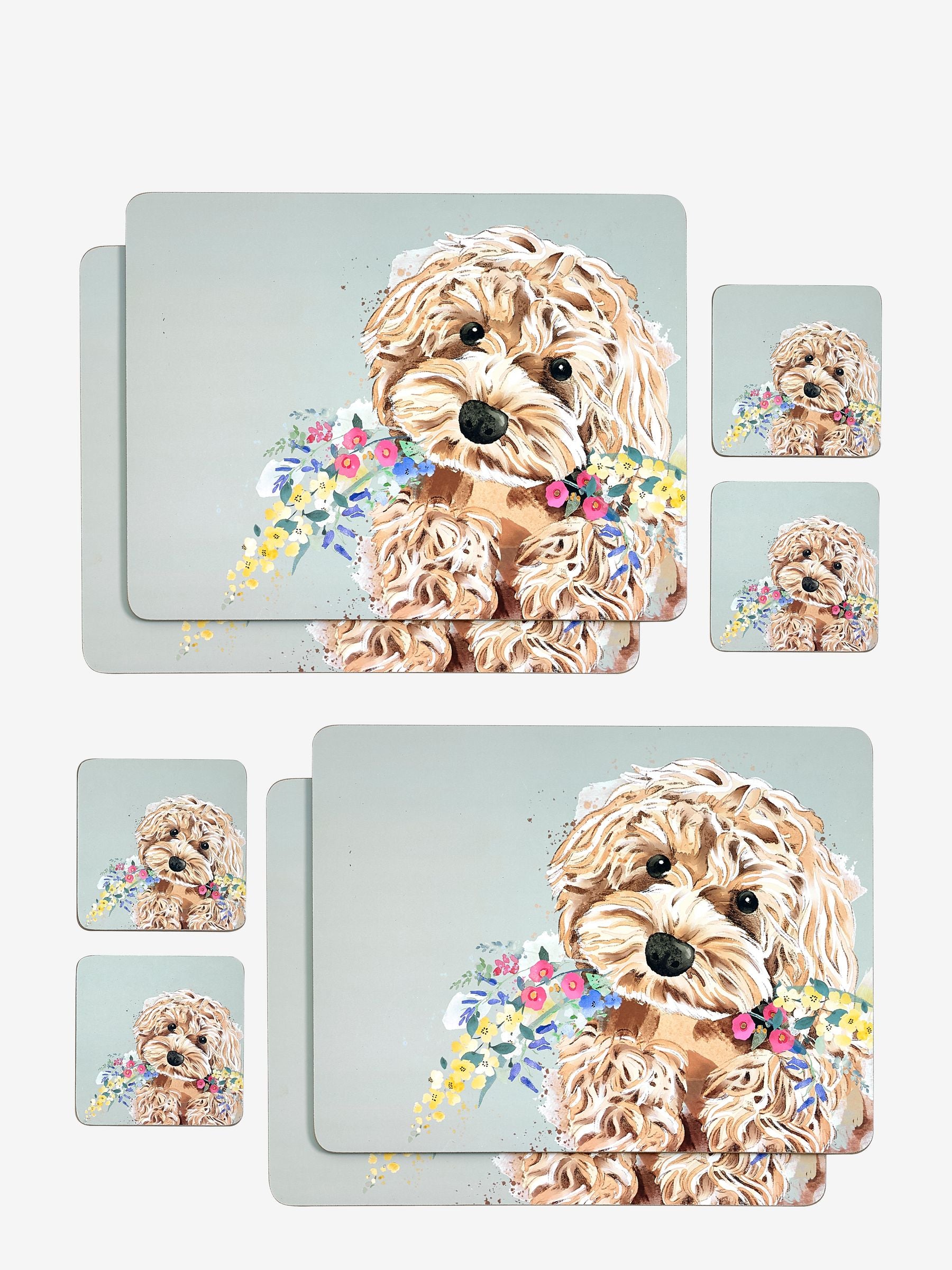 Set of 4 Sage Green Charlie Cockapoo Placemats And Coasters