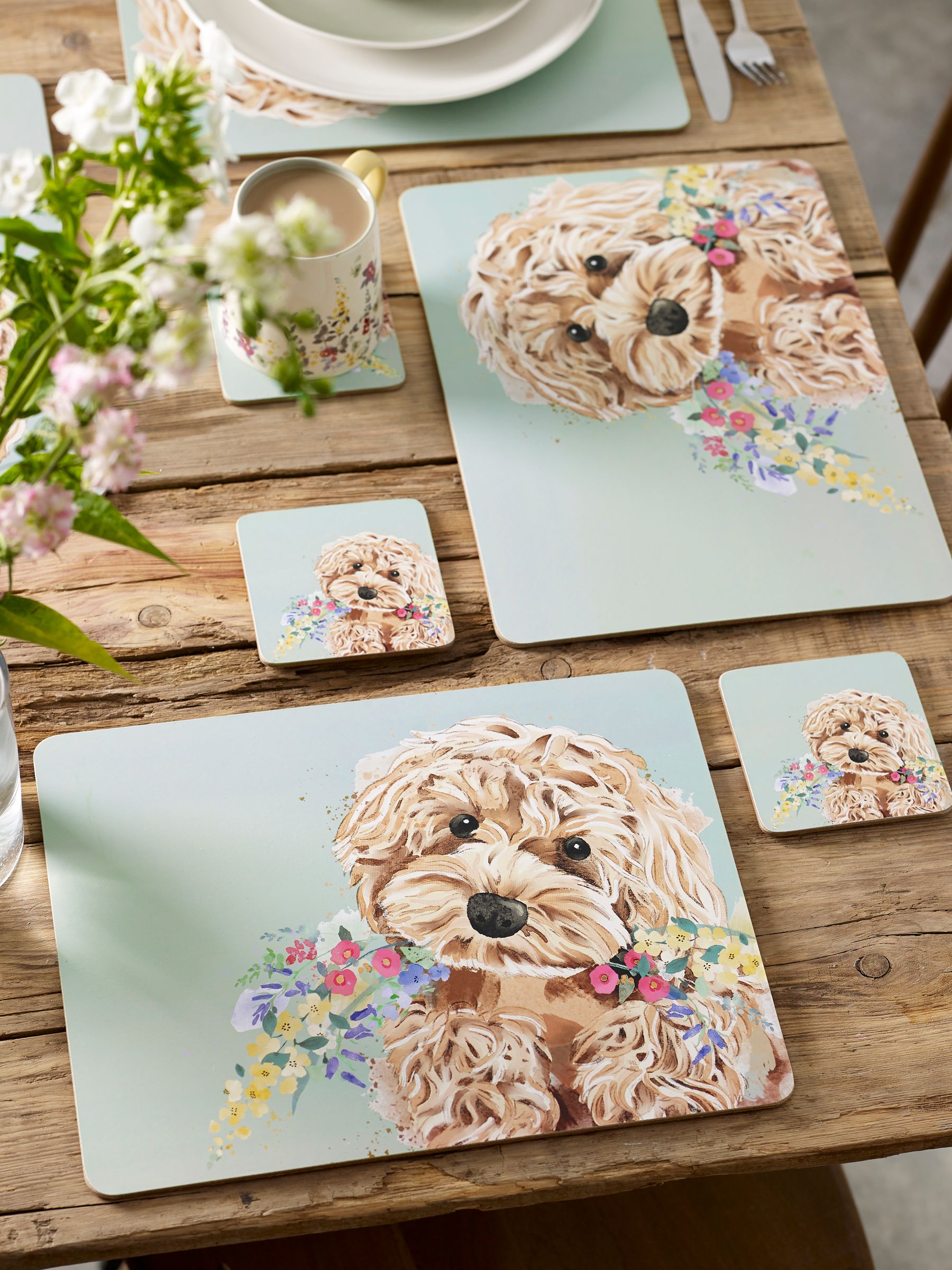 Set of 4 Sage Green Charlie Cockapoo Placemats And Coasters