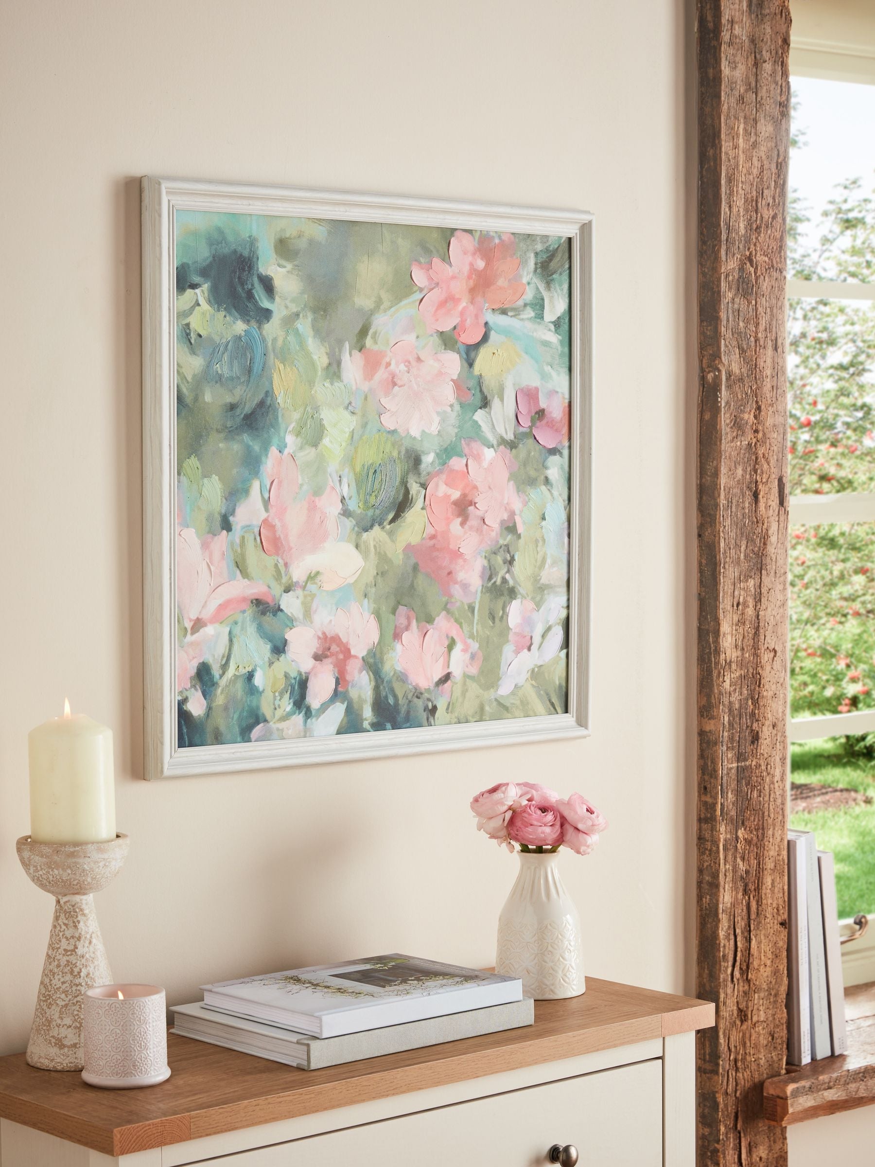 Green pink abstract floral framed wall art 60x60cm - British product