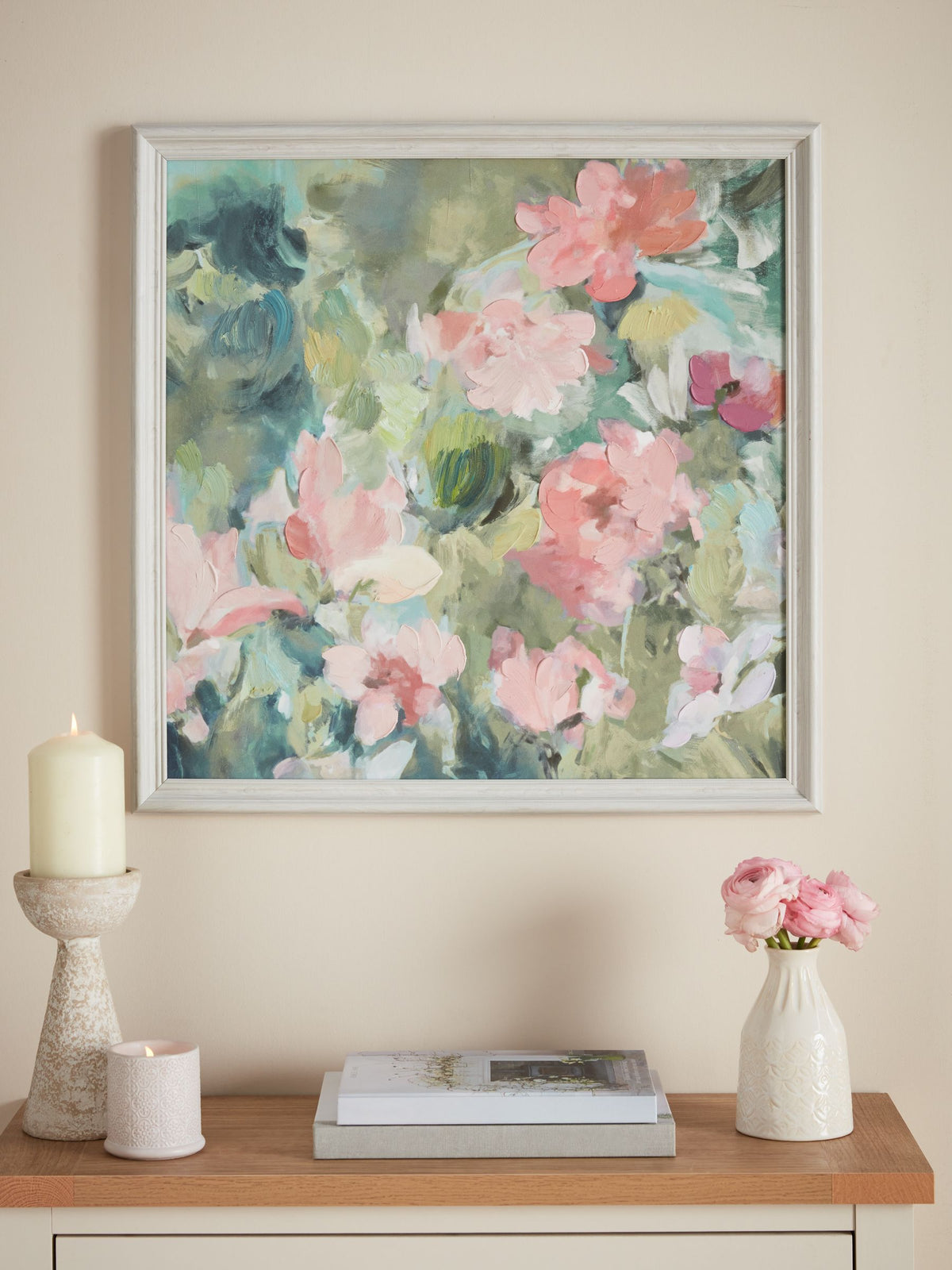 Green pink abstract floral framed wall art 60x60cm - British product