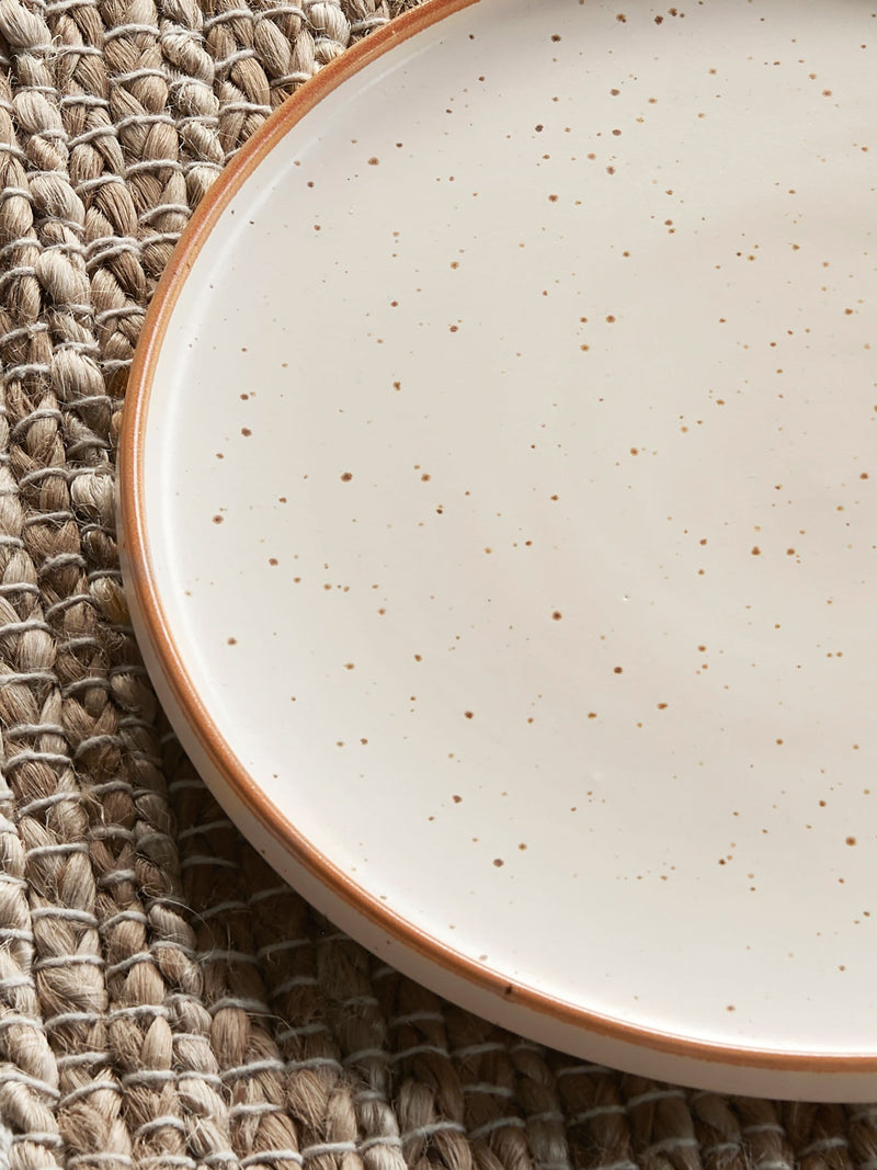 Set of 4 Stoneware Side Plates with Speckle Glaze and Terracotta Rim