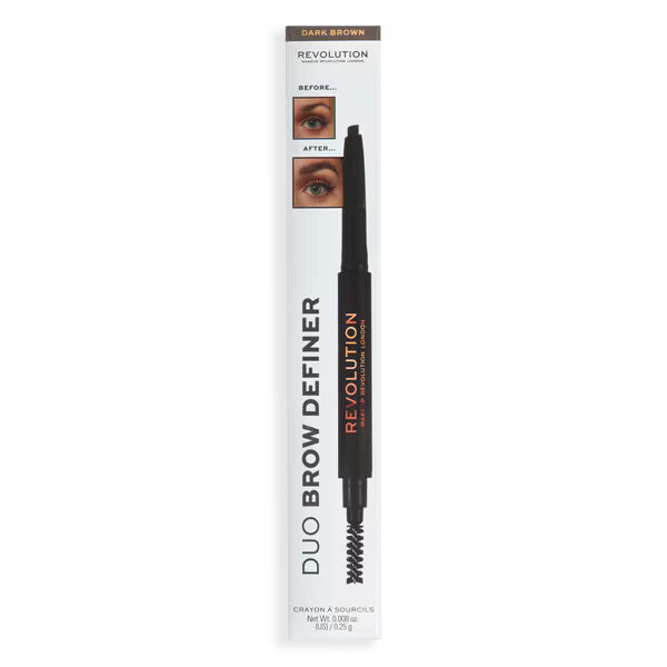 Revolution Duo Brow Definer Pencil Dark Brown, imported from the UK