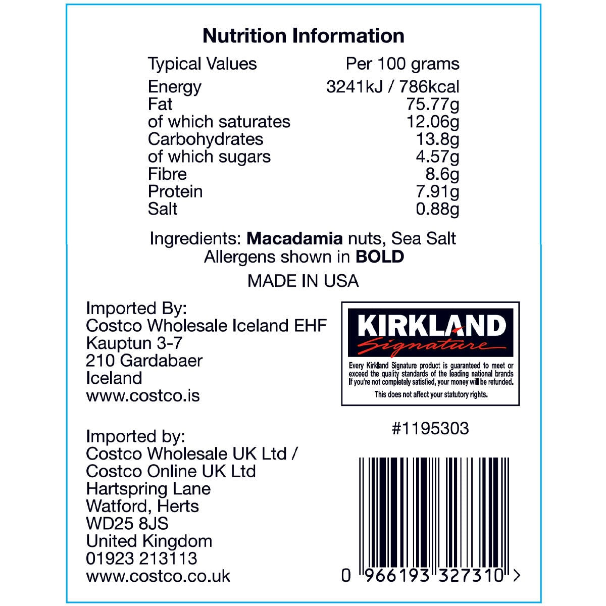 Kirkland Signature dry roasted macadamia nuts with sea salt 680g, UK version