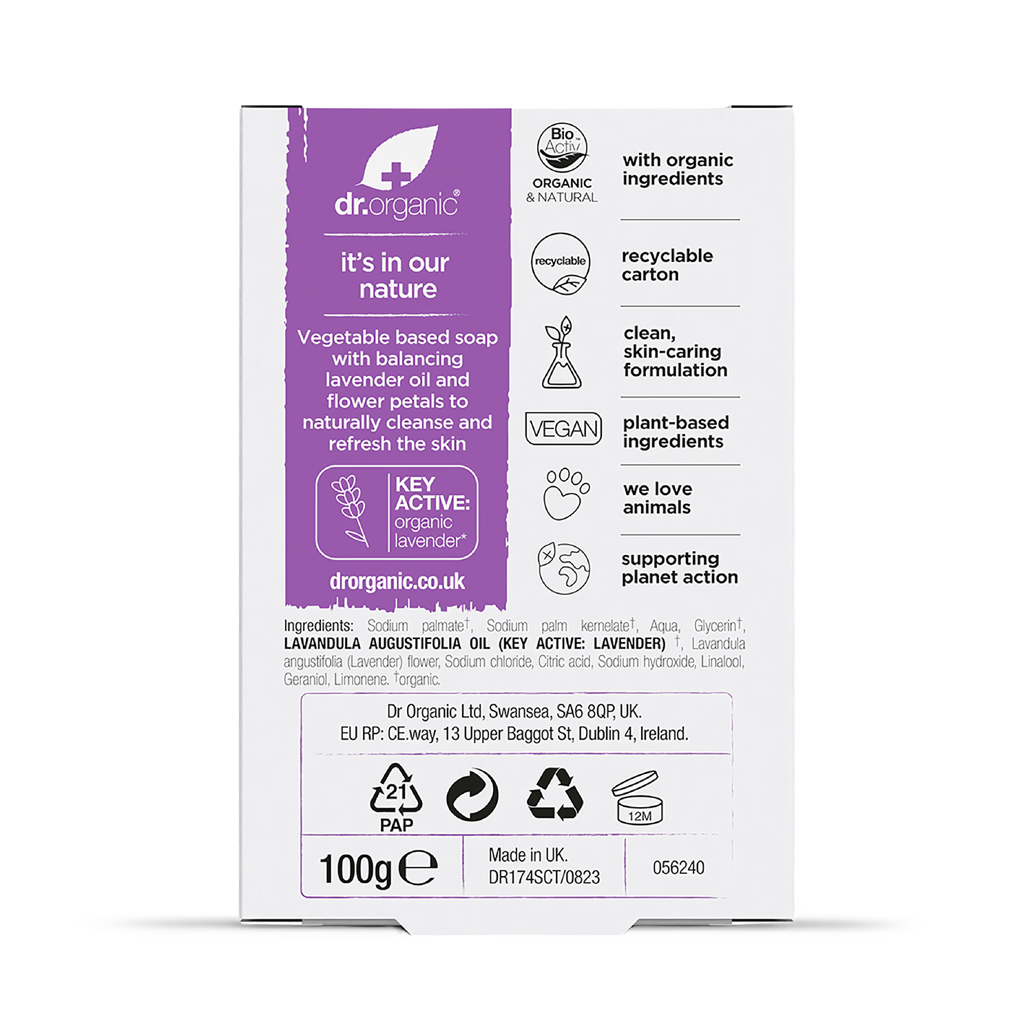 Dr Organic Natural Lavender Soap Bar - British product