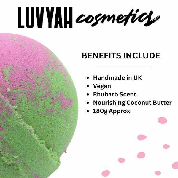 LUVYAH Cosmetics Rhubarb Rebel Bath Bomb 180g with rose scent, UK version