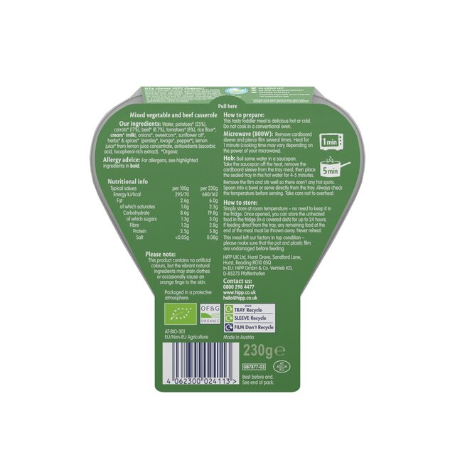 HiPP Organic Hearty Vegetable & Beef Casserole Toddler Tray Meal 12+ Months   230g - McGrocer