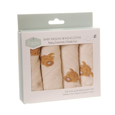 Ziggle Baby Cotton Muslin Washcloths 4 Pack Neutral Highland Cow