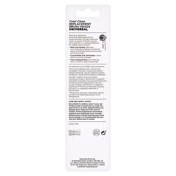 Superdrug ProCare Total Clean electric toothbrush replacement heads 8-pack (British brand)