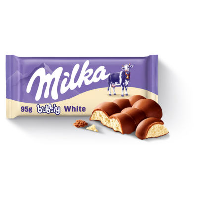 Milka bubbly white chocolate bar 95g, imported from the UK