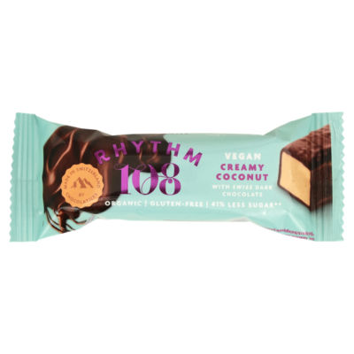 Rhythm 108 creamy coconut with Swiss dark chocolate bar 33g, imported from the UK