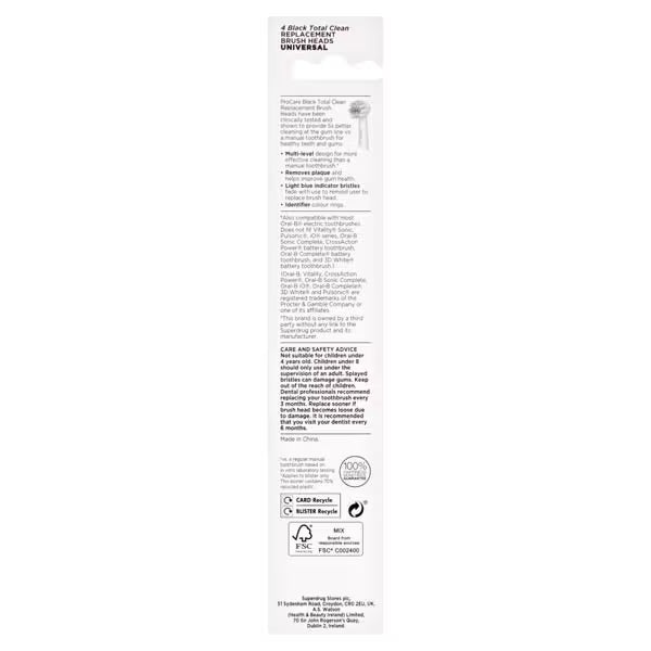 Superdrug ProCare Total Clean Black Brush Heads x4 (British brand)