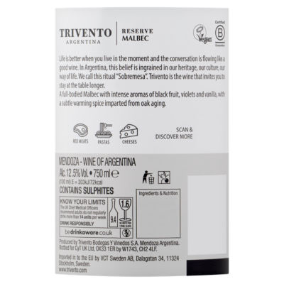 Trivento Reserve Malbec red wine 750ml (British brand)