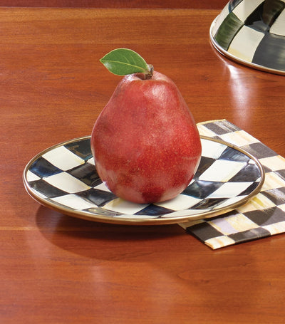 Check Pattern Hand-Glazed Saucer with Bronze-Tone Rim