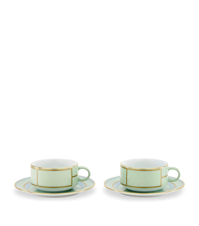 GINORI 1735 Colonna Diva Verde Porcelain Teacup and Saucer Set of 2