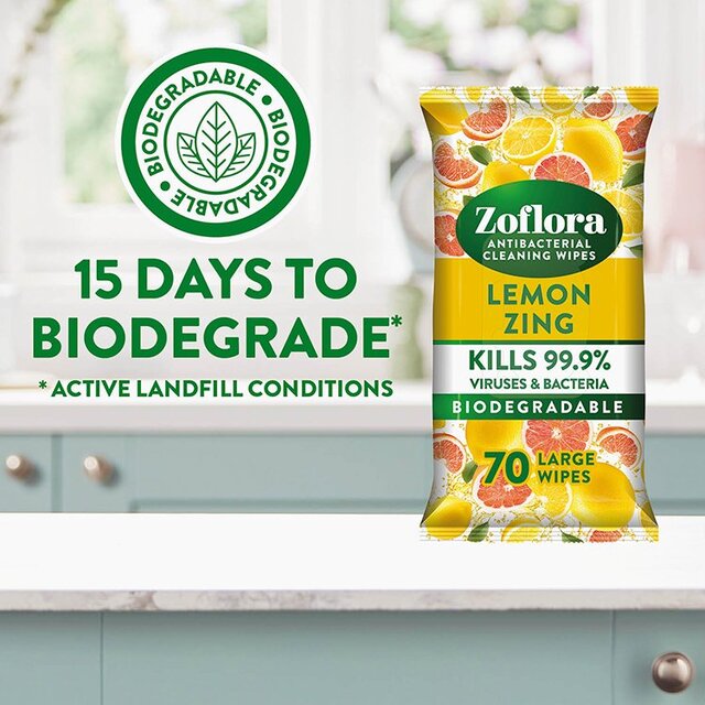 Zoflora Lemon Zing Antibacterial Multi-surface Wipes   70 per pack - McGrocer