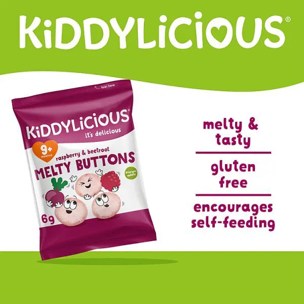 Kiddylicious melty buttons raspberry beetroot, imported from the UK