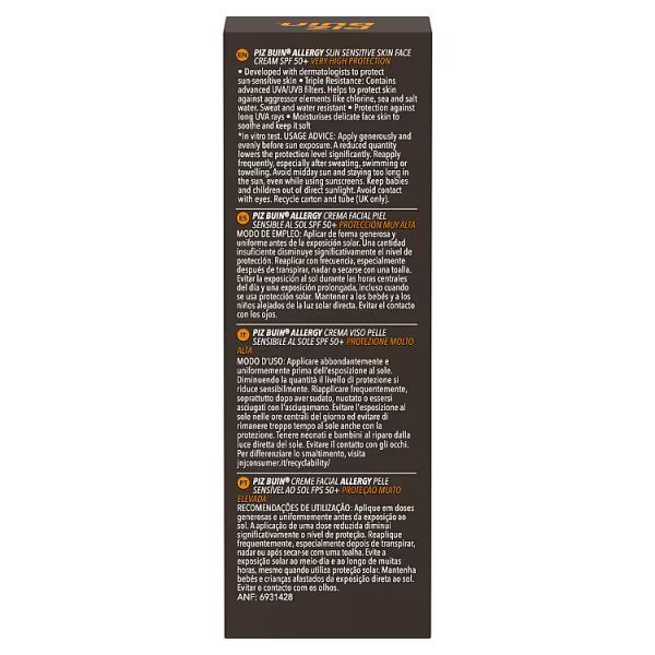 Piz Buin Face Cream SPF 50+ 40ml , imported from the UK