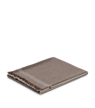 Cashmere Herringbone Twill Throw with Quad Design in Navy Blue and Grey, 140cm x 185cm